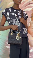 Dior Black Satin Cannage Quilted Small Crystal Charms Lady Dior