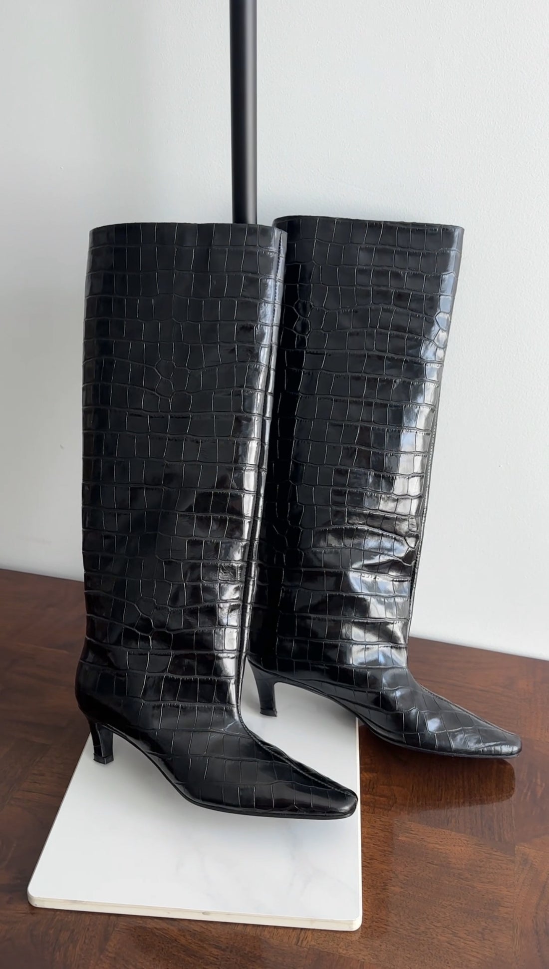 Toteme Croc Embossed 50mm Heel Black Leather Tall Boots - 37 / 36