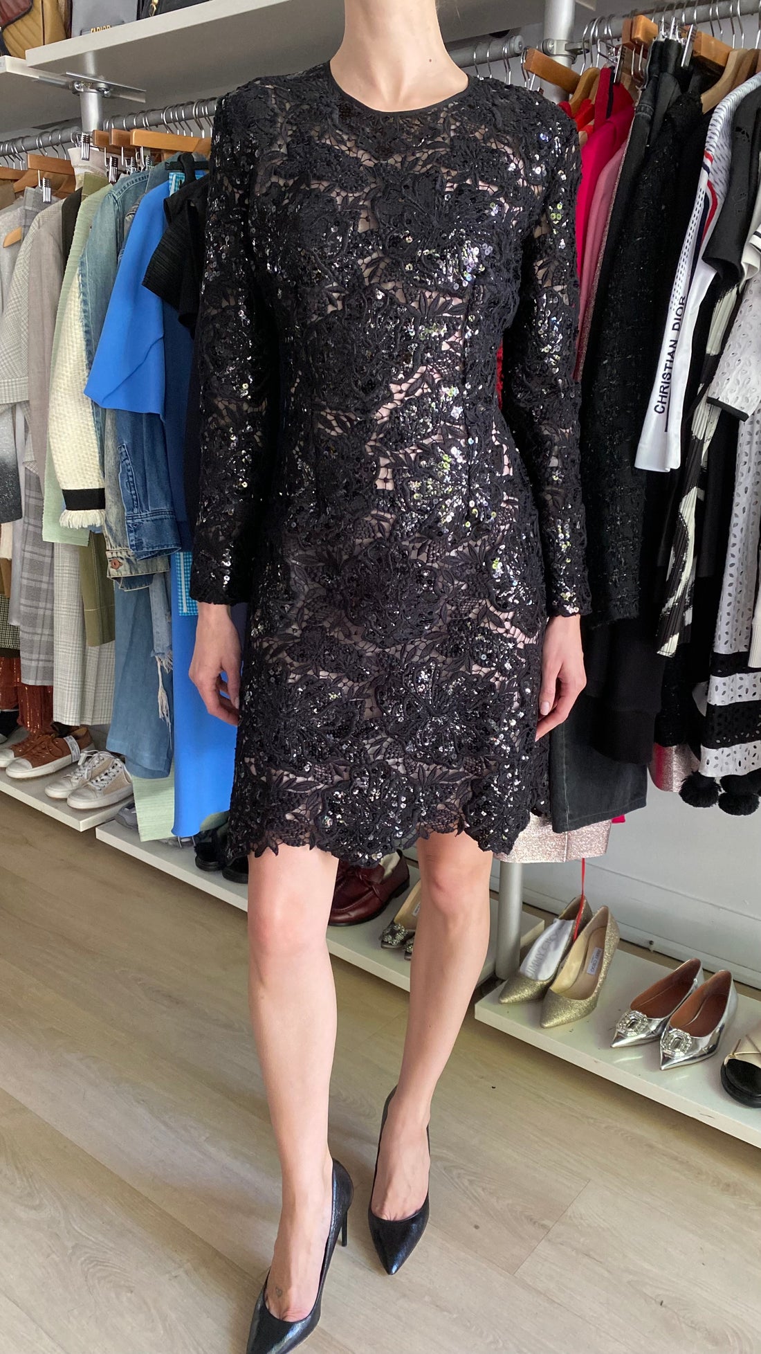 Giambattista Valli Black Sequin Guipure Long Sleeve Cocktail Dress - IT 44 / M / US 6-8