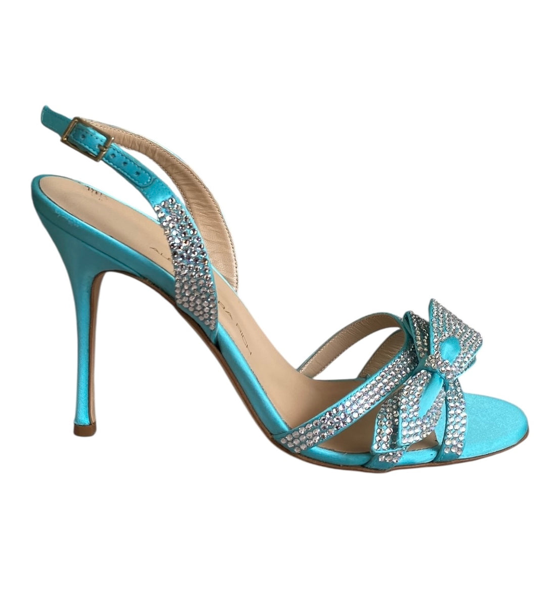 Alessandra Rich Aqua Blue Satin and Rhinestone Slingback Sandals - 38.5