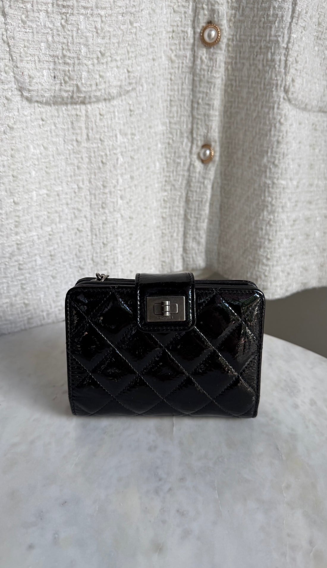 Chanel Black Patent Leather Quilted Reissue Compact Wallet