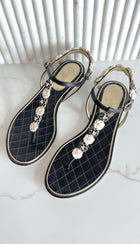 Chanel Black and White Leather Floral and Pearl Flat Sandals - 37.5