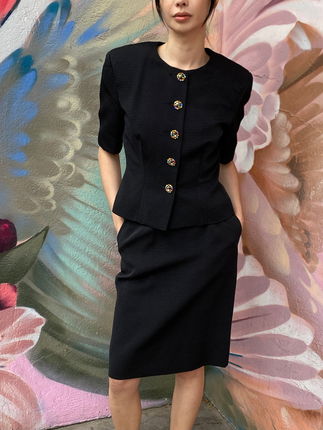 Celine Vintage Black Jewel Button Skirt Suit - 40 / US 4