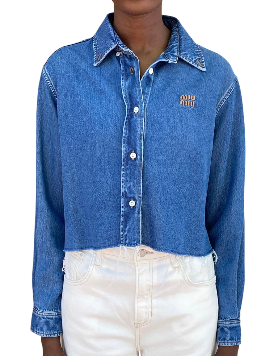 Miu Miu Blue Logo Embroidered Cropped Denim Shirt - IT 40 / US 4-6
