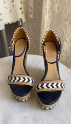 Gucci Navy White Beige Raffia Espadrille Wedge Sandals - 36