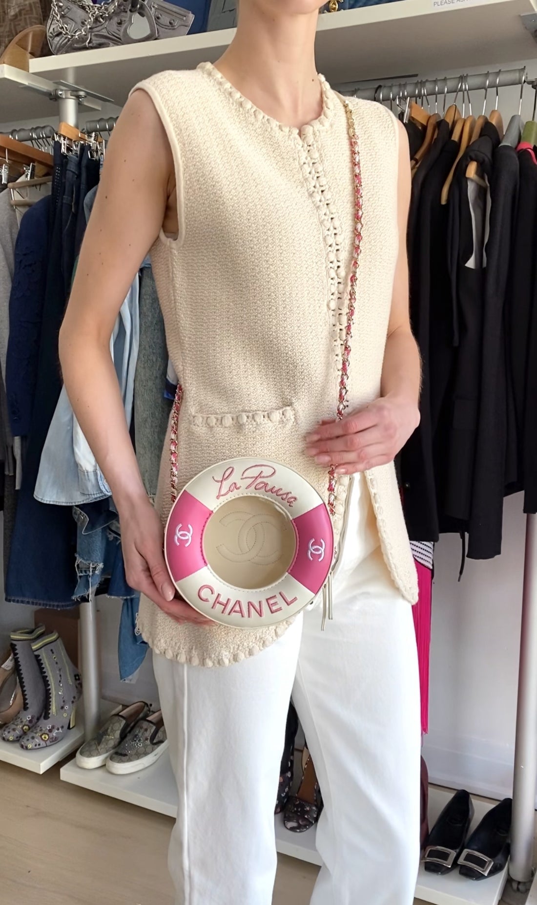 Chanel 2019 C Runway Pink and White La Pausa Lifesaver Round Bag