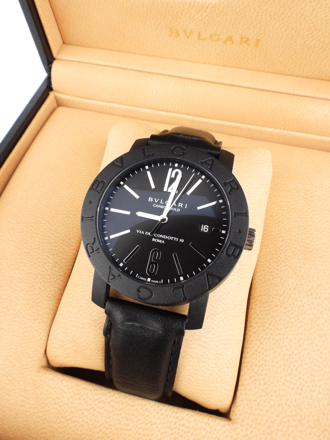 Bvlgari Black Carbongold Via dei Condotti Automatic 40mm Leather Strap Watch