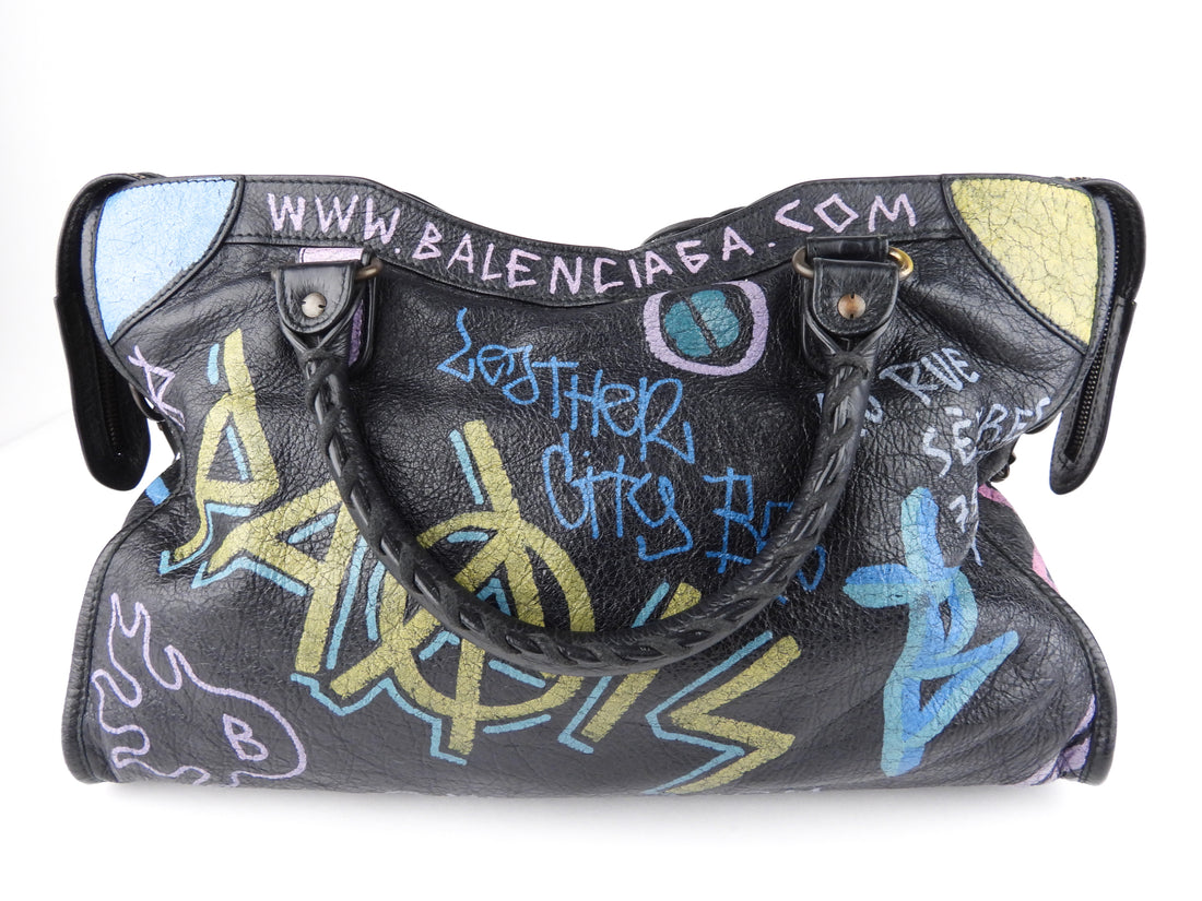 Balenciaga Black Graffiti Print Leather Moto Classic Two Way City Bag
