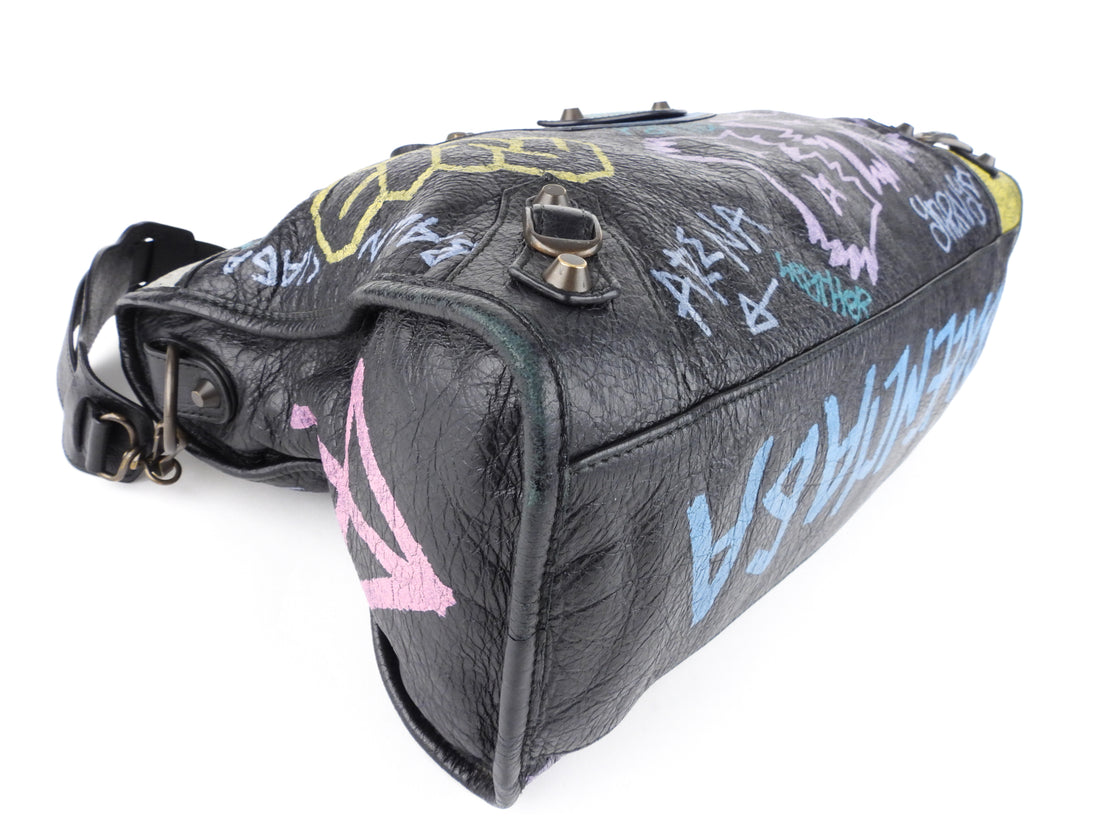Balenciaga Black Graffiti Print Leather Moto Classic Two Way City Bag