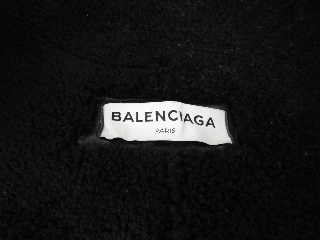 Balenciaga Black Leather Logo Shearling Jacket - 38