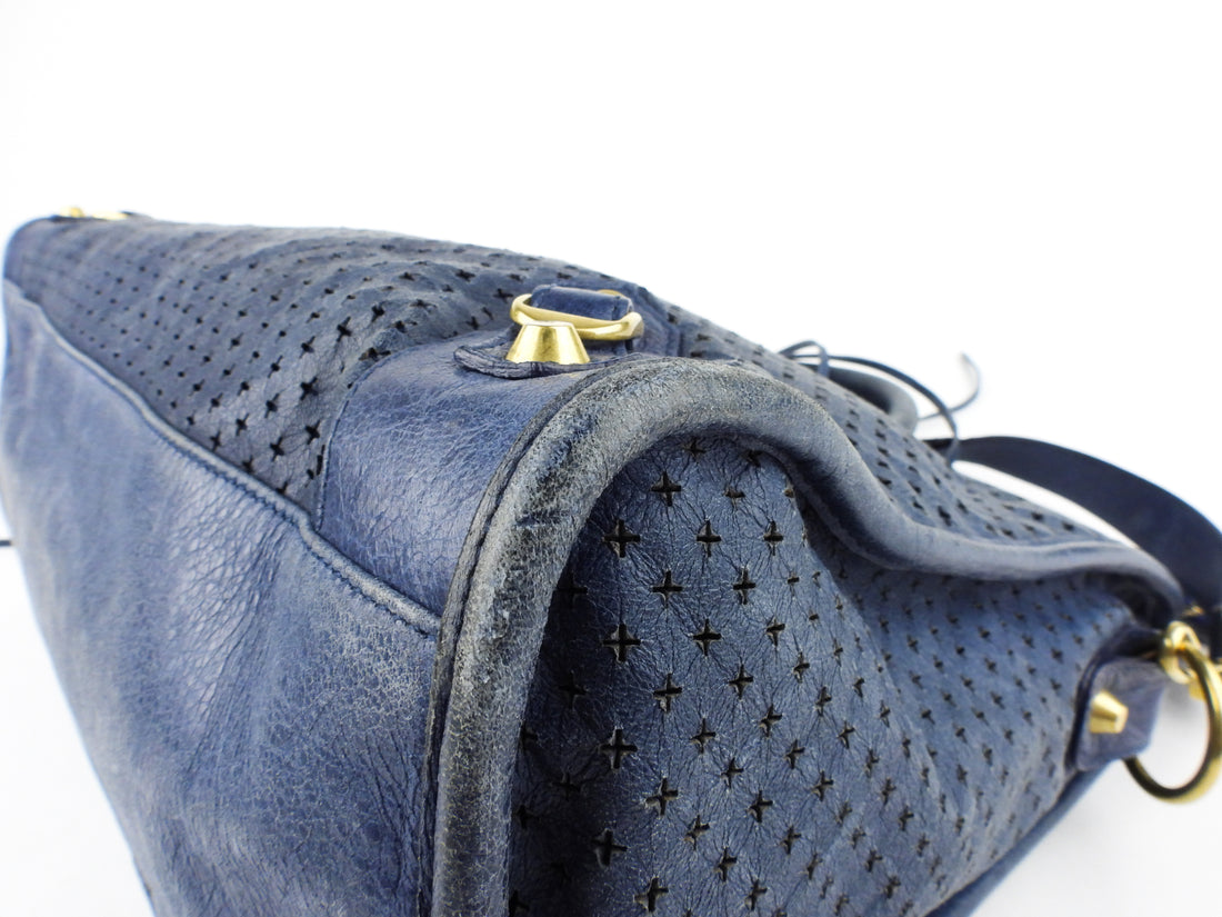 Balenciaga Blue Perforated Leather Moto Classic City Bag