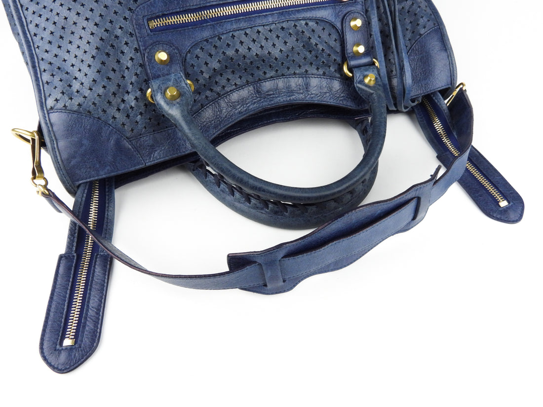Balenciaga Blue Perforated Leather Moto Classic City Bag