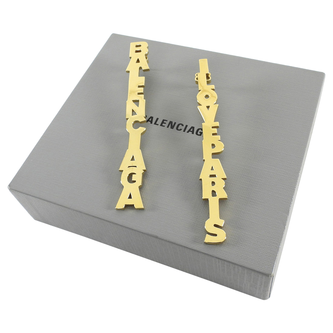Balenciaga Goldtone Mismatched I Love Paris / Logo Long Drop Earrings