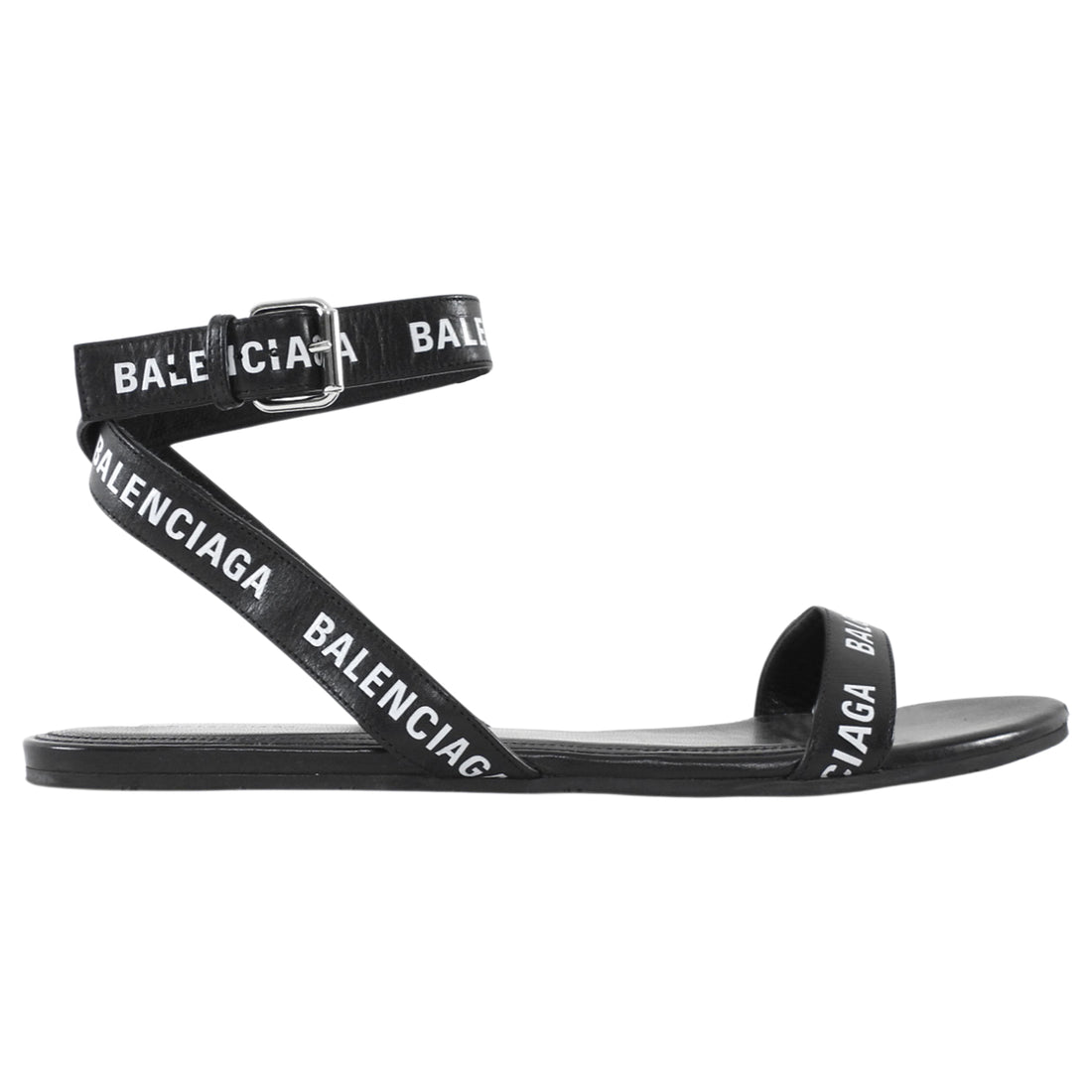 Balenciaga Black and White Logo Flat Ankle Wrap Sandals - 39