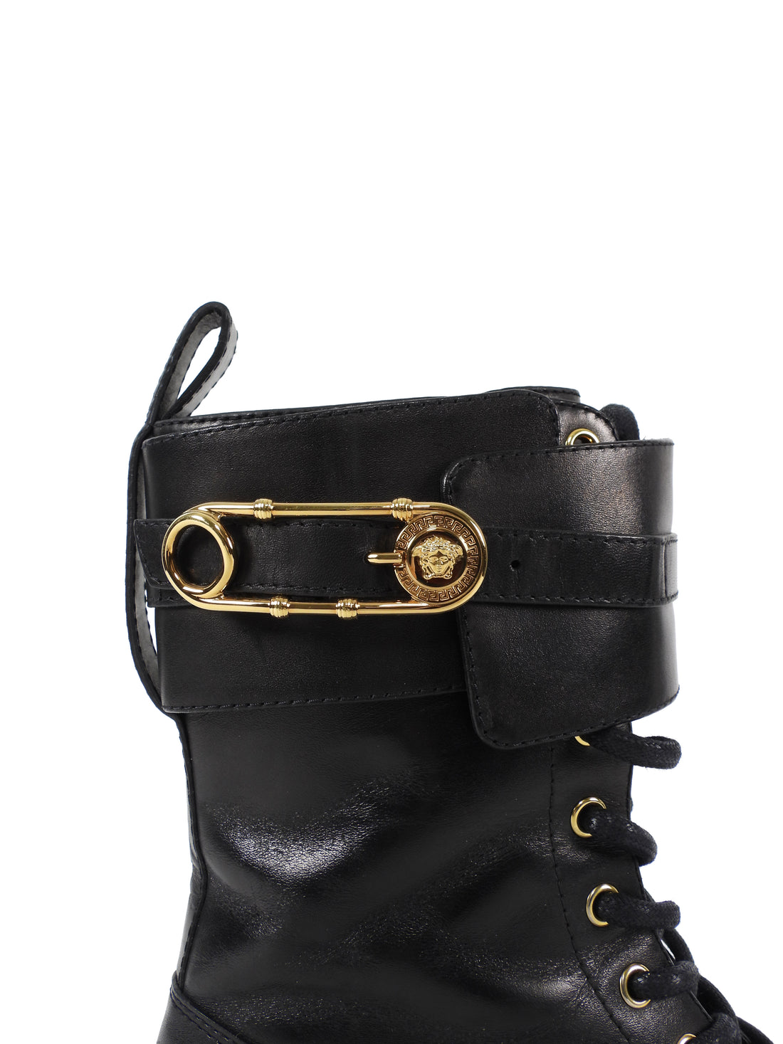 Versace Black Leather Safety Pin Combat Ankle Boots - 38.5