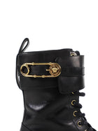 Versace Black Leather Safety Pin Combat Ankle Boots - 38.5