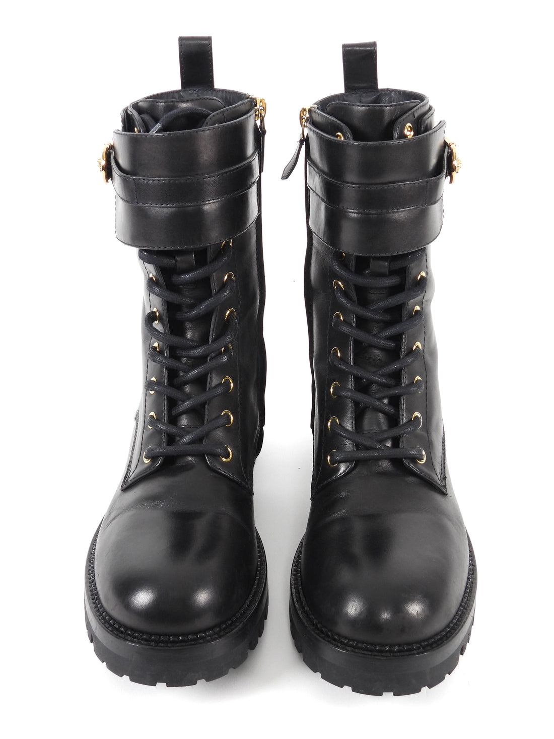 Versace Black Leather Safety Pin Combat Ankle Boots - 38.5