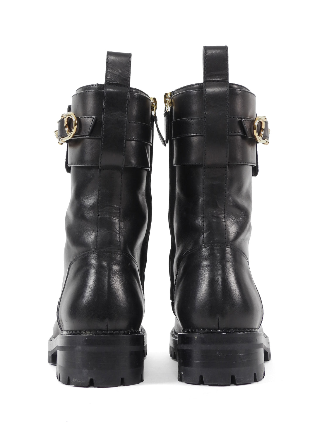 Versace Black Leather Safety Pin Combat Ankle Boots - 38.5