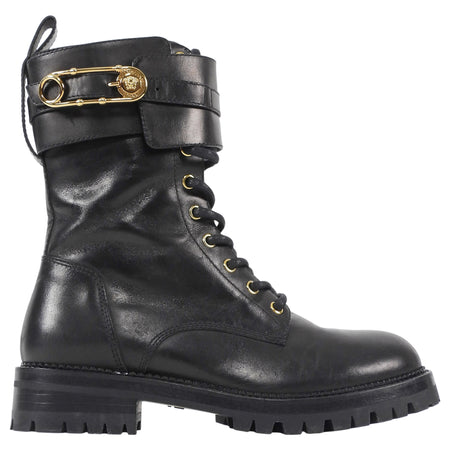 Versace Black Leather Safety Pin Combat Ankle Boots - 38.5