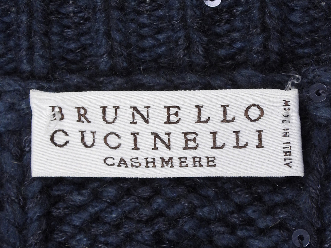Brunello Cucinelli Navy Cashmere Shimmer Sequin Cable Knit Crop Sweater - S