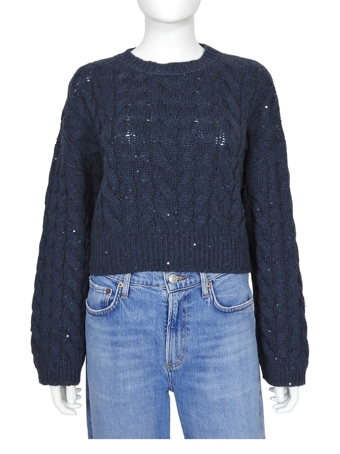Brunello Cucinelli Navy Cashmere Shimmer Sequin Cable Knit Crop Sweater - S