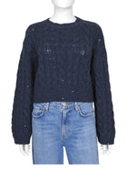 Brunello Cucinelli Navy Cashmere Shimmer Sequin Cable Knit Crop Sweater - S