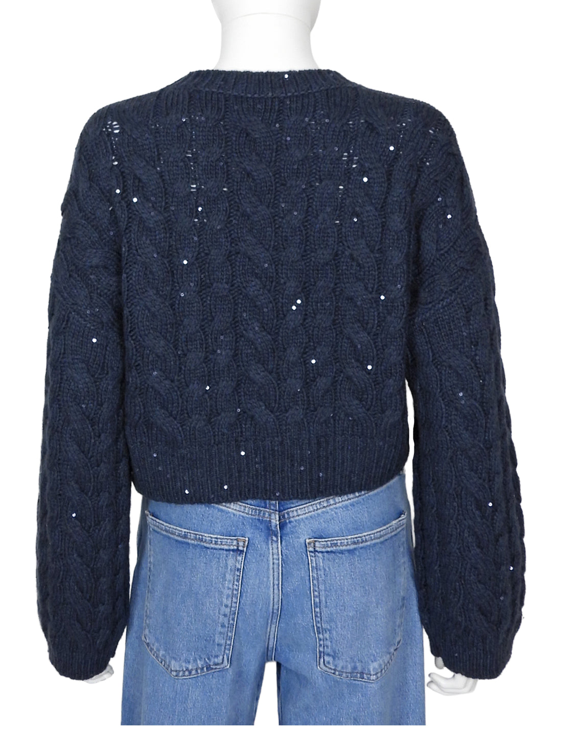 Brunello Cucinelli Navy Cashmere Shimmer Sequin Cable Knit Crop Sweater - S
