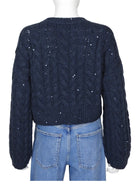Brunello Cucinelli Navy Cashmere Shimmer Sequin Cable Knit Crop Sweater - S