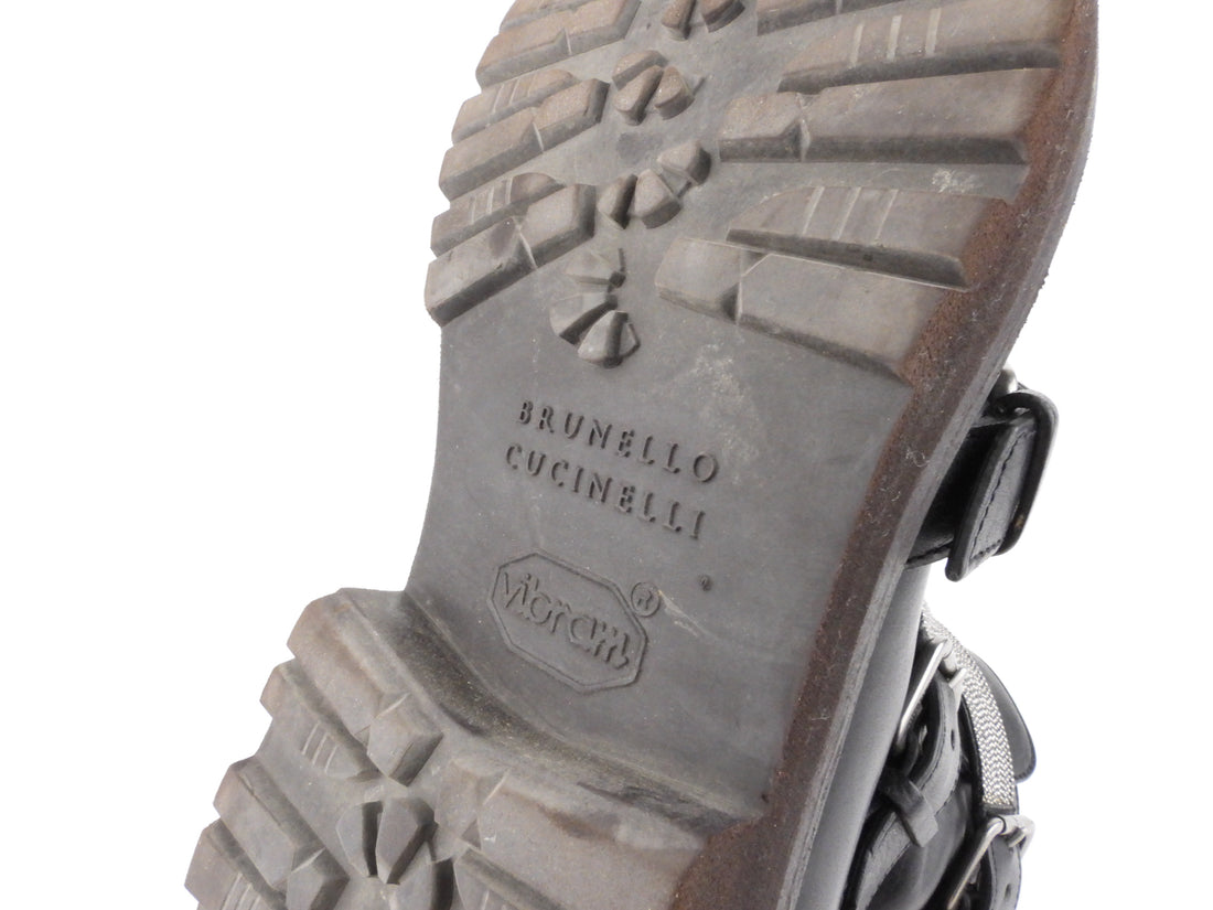 Brunello Cucinelli Black Leather Monili Strap Combat Boots - 36
