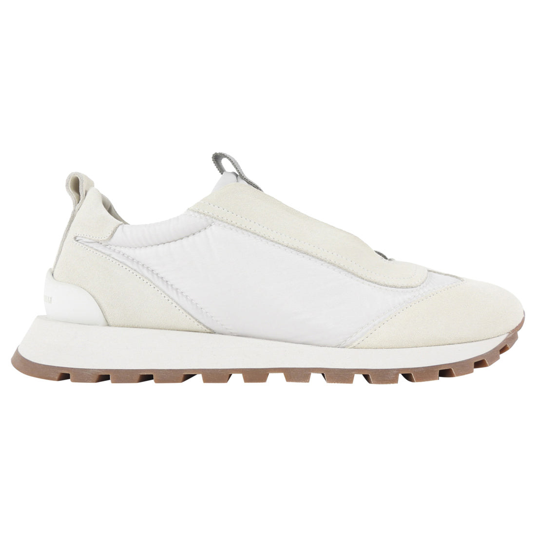 Brunello Cucinelli Ecru & White Nylon and Suede Slip on Sneakers with Monili Detail - 40