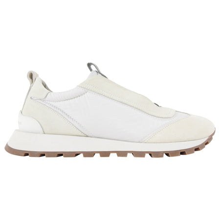 Brunello Cucinelli Ecru & White Nylon and Suede Slip on Sneakers with Monili Detail - 40