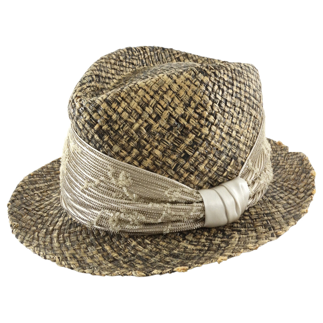 Brunello Cucinelli Beige Black Woven Raffia Beaded Silk Trim Fedora - M