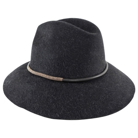 Brunello Cucinelli Black Rabbit Fur Felt Monili Fedora Hat - M