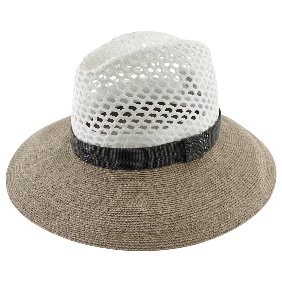 Brunello Cuccinelli Open Weave and Straw Monili Wide Brim Combo Hat - S