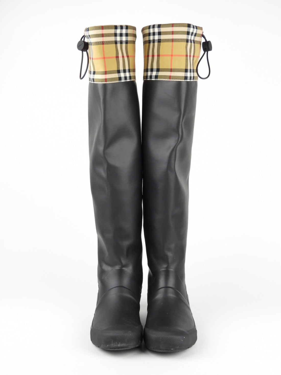 Burberry Black Rubber and Check Canvas Cinched Knee-High Rain Boots