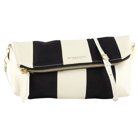 Burberry Prorsum Black and White Striped Coated Canvas Fold-Over Zip Pouch with Strap