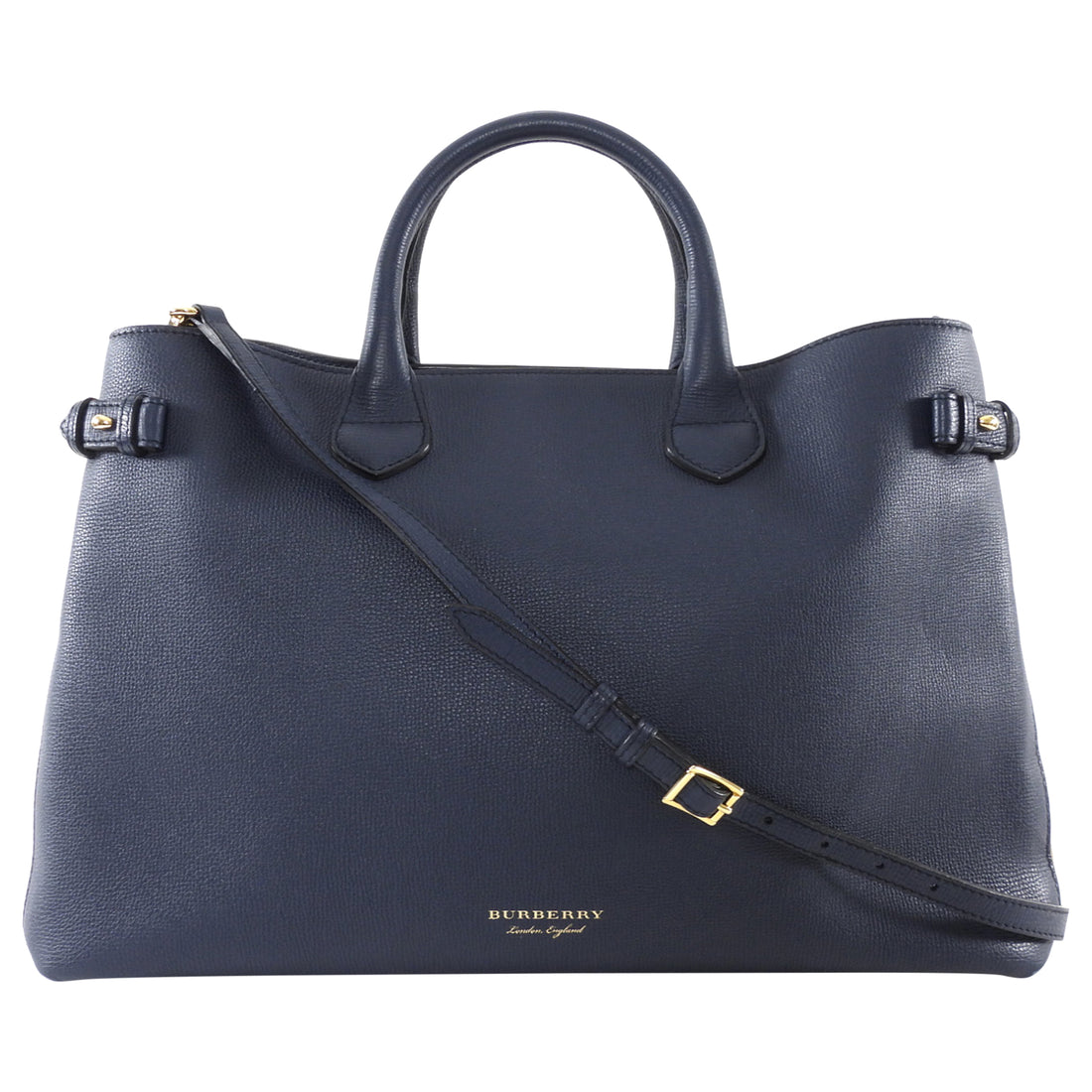 Burberry Navy Leather and Check Large Banner Two Way Tote Bag
