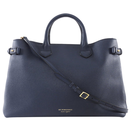 Burberry Navy Leather and Check Large Banner Two Way Tote Bag