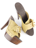 Burberry Khaki Leather Buckle and Wood Platform Clog Mules - 40
