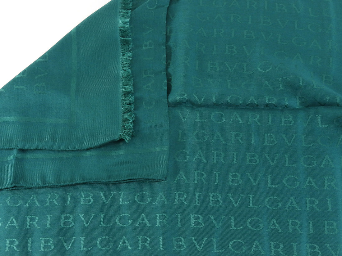 Bvlgari Green Jacquard Logo Silk Wool Shawl Scarf