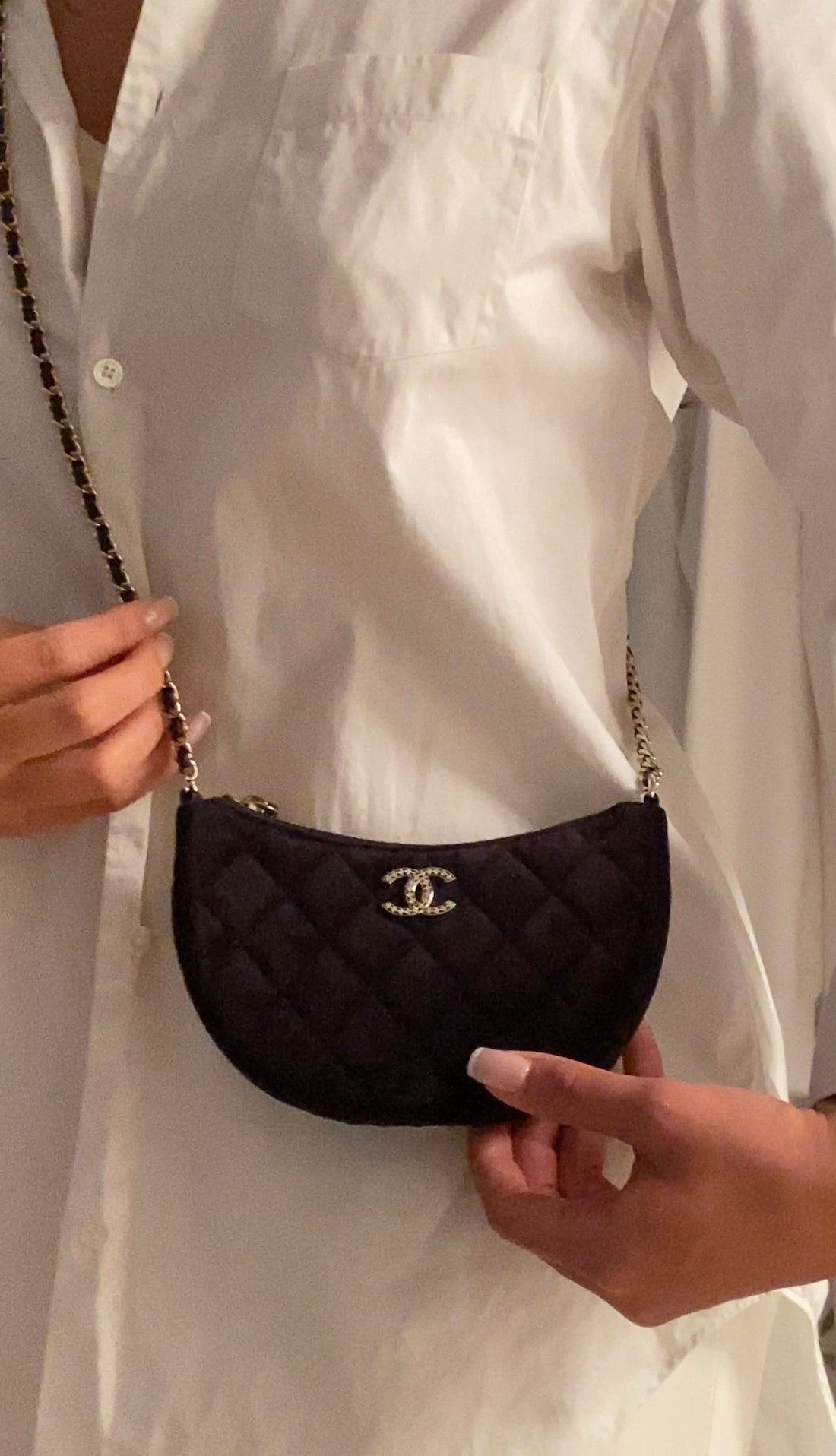Chanel Quilted Black Velvet Crystal CC Mini Chain Hobo Bag