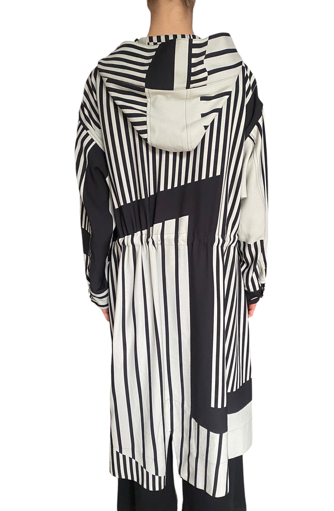 Issey Miyake Black & White Asymmetrical Striped Hooded Coat - JP 2 / M