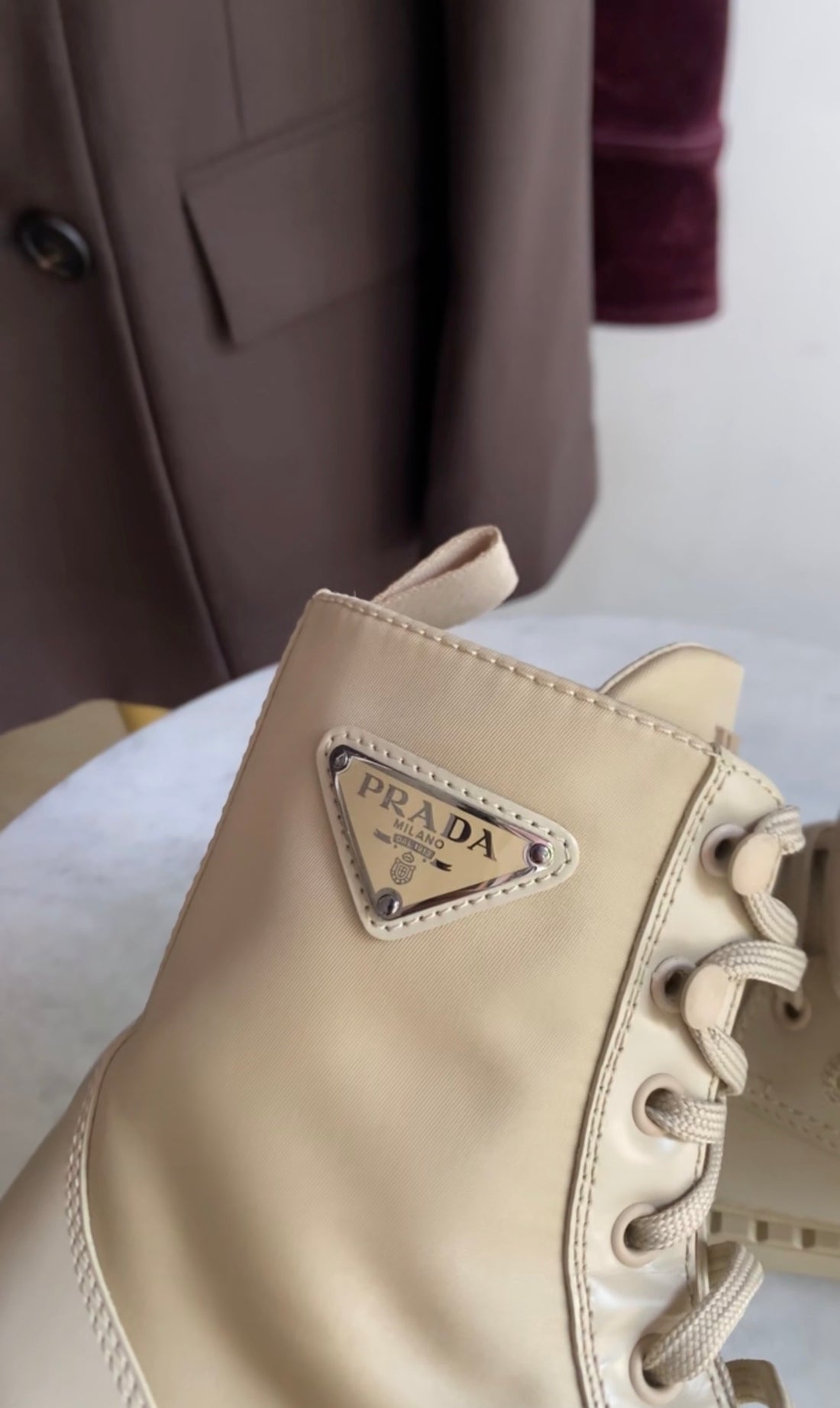 Prada Beige Re-Nylon Leather Metal Triangle Logo Combo Desert Boot - 39