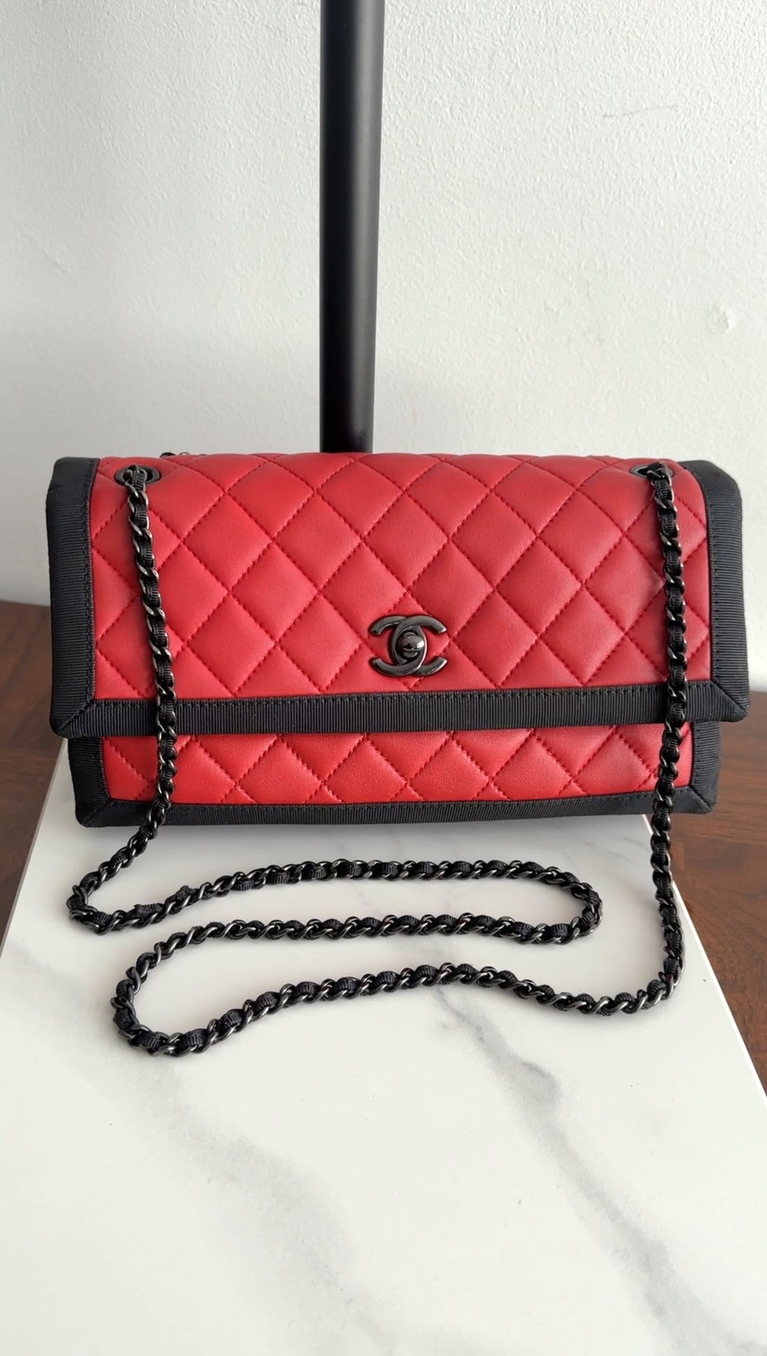 Chanel Red Quilted Leather Grosgrain Trim Chain Flap Bag