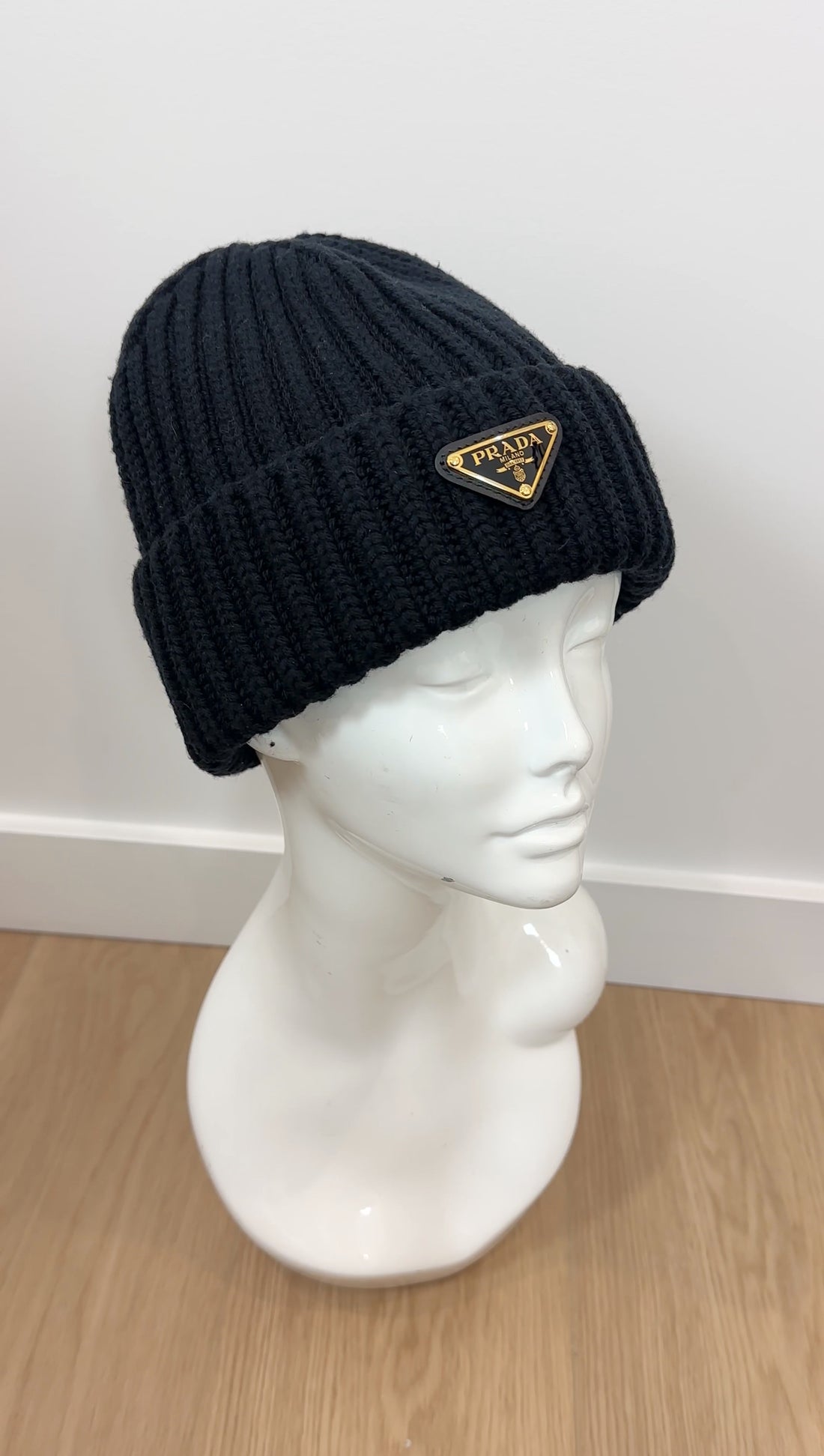 Prada Black Wool Rib Knit Goldtone Triangle Logo Toque Beanie Hat - L / 59