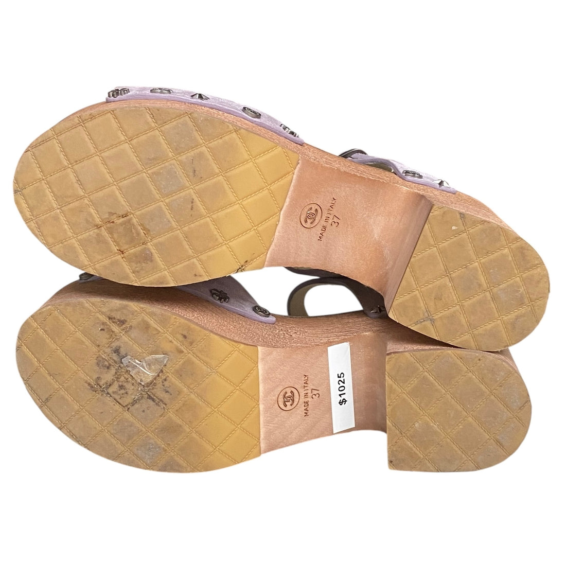 Chanel Lilac Suede Charm Studded Platform Wood Sandal - 37