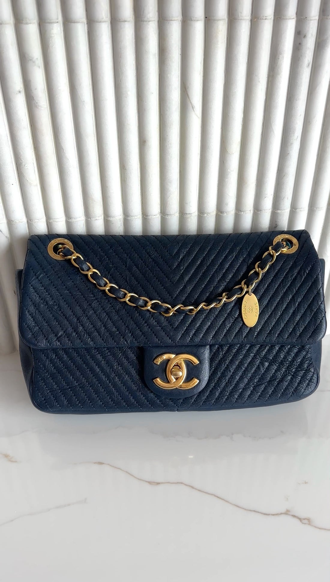 Chanel Surpique Chevron Navy Quilted Leather Medium Flap Bag