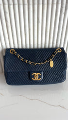 Chanel Surpique Chevron Navy Quilted Leather Medium Flap Bag