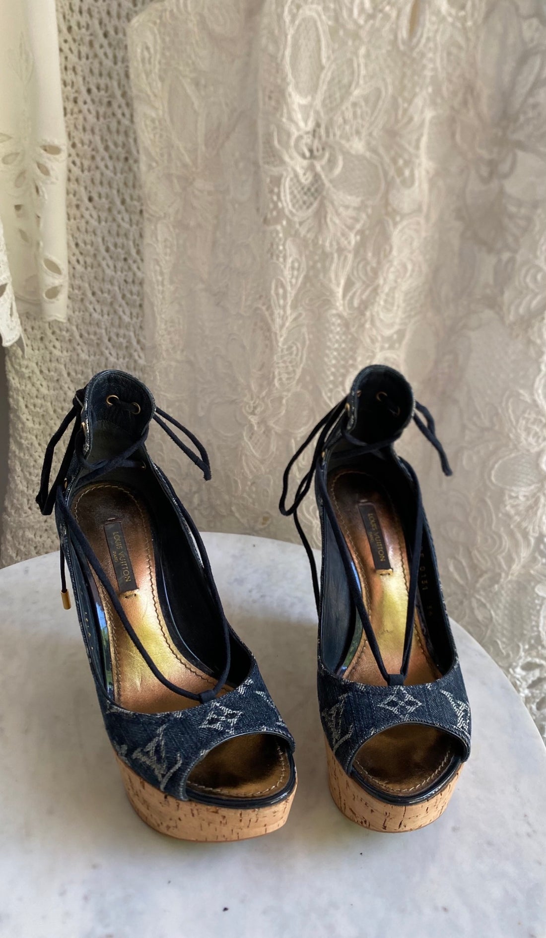 Louis Vuitton Blue LV Monogram Denim Cork Wedge Peep Toe Wedges - 36