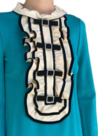Gucci Turquoise 60’s Style Ruffled-Bib Cat Embroidered Dress - L